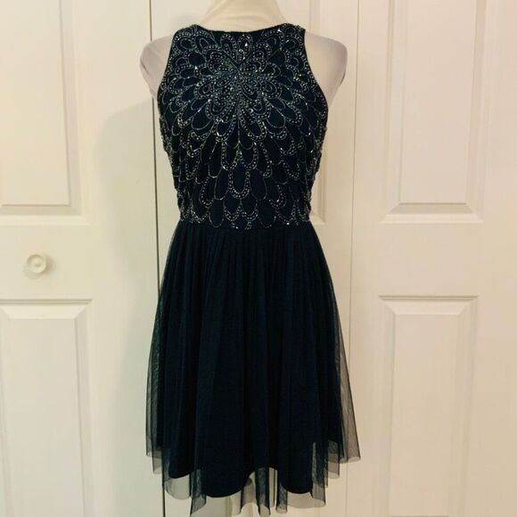 Lace & Beads Navy Blue Beaded Tulle Pleated Skirt Dress Medium - Picture 1 of 13